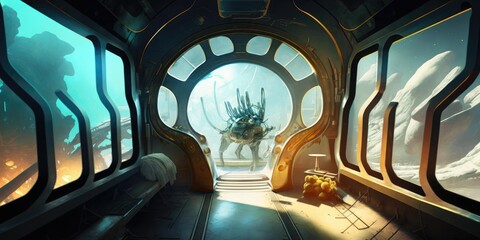 Wall Mural - futuristic interior of spaceship inside of hallway. superlative generative ai image.