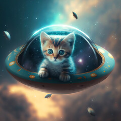 Wall Mural - Cute fluffy kitten driving UFO in space. Funny cat rides sci-fi spacecraft or alien spaceship. Generated AI.