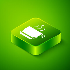 Sticker - Isometric Coffee cup icon isolated on green background. Tea cup. Hot drink coffee. Green square button. Vector