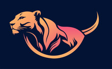 Lioness Body Logo Template Design Line Art Vector Illustration Isolated On Dark Background. Female Lion Brand Identity Logotype Design.
