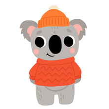 Cute Cartoon Baby Koala In Sweater And Hat Smiling. Isolated Vector Winter Illustration For Childrens Book.