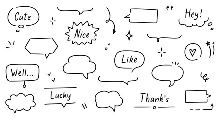 Poster - Balloon text frame decoration set. Simple hand drawn pen line speech bubble, cloud, balloon frame for text border. Doodle elegant dialog bubble, title headline. Vector illustration
