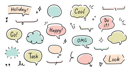 Poster - Balloon text frame decoration set. Simple hand drawn pen line speech bubble, cloud, balloon frame for text border. Doodle elegant dialog bubble, title headline. Vector illustration