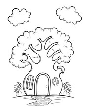 Funny Fairy Tale Tree House Children Coloring Page Isolated On White Back