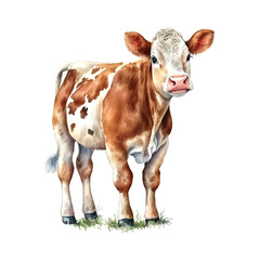 Cow watercolor tender warm colors, appeasement, pasture, white, brown, full height, nature, farm, agriculture, village, farmer, care, milk. Animals concept. Vector illustration.