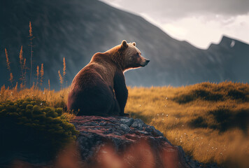 Wall Mural - Grizzly bear on the background of nature. Created with Generative AI technology.