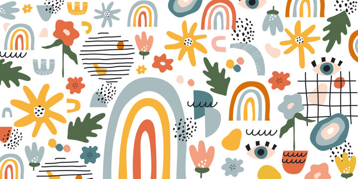 Set of abstract elements in vintage style. Rainbow, flowers and spots. Flat vector illustration. Eps10