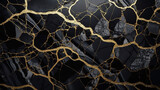 Black marble mosaic with golden veins, japanese kintsugi technique, fake painted artificial stone texture, marbled wallpaper. Generative AI