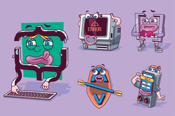 Programming concept with 3d cute cartoon characters set. Funny avatars of computer with error text and coding process symbols of software development. Vector illustration with comic mascots design