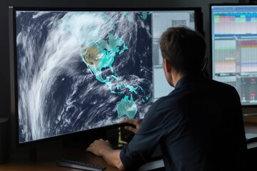 meteorologist monitoring weather forecast at monitor screen. workplace in meteorological department.
