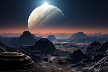 Wall Mural - surface of unknown planet with craters and mountains. rising star in sky against of lifeless planet 