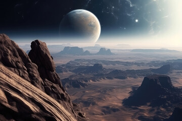 Wall Mural - surface of unknown planet with craters and mountains. rising star in sky against of lifeless planet 