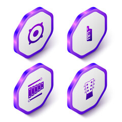 Set Isometric Stereo speaker, Keytar, Xylophone and Guitar neck icon. Purple hexagon button. Vector