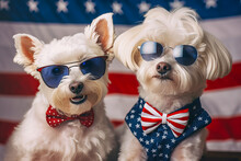 Cute Doggies Wear Festive Clothes In American Flag Colors. Independence Day Or Flag Day. Generative AI Illustration