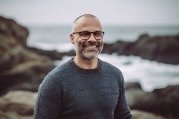 Wall Mural - Lifestyle portrait photography of a grinning man in his 40s wearing a cozy sweater against a beach background. Generative AI