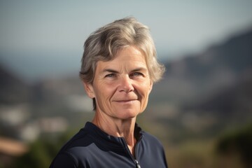 Portrait of a beautiful senior woman on the top of a mountain