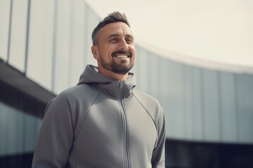 Wall Mural - Handsome young man in sportswear looking away and smiling while standing outdoors