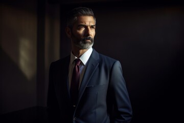 Environmental portrait photography of a satisfied man in his 40s wearing a sleek suit against an abstract background. Generative AI