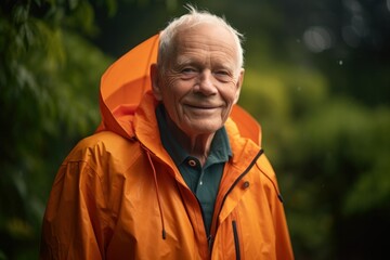 Wall Mural - Portrait of senior man in raincoat smiling at camera in park