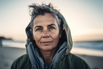 Wall Mural - Portrait of senior woman with hooded jacket on the beach at sunset