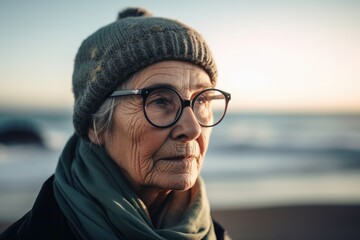 Poster - Portrait of an elderly woman with glasses on the seashore