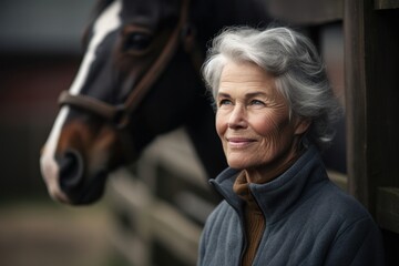 Wall Mural - Portrait of a beautiful senior woman with a horse in the background