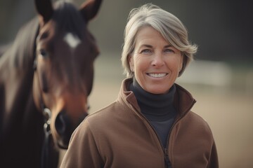 Wall Mural - Portrait of a beautiful mature woman with a horse in the background