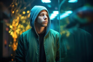 Portrait of a young man in a hood on a background of neon lights