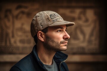 Poster - Lifestyle portrait photography of a satisfied man in his 30s wearing a cool cap or hat against an ancient egyptian or hieroglyphics background. Generative AI