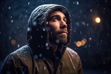 Portrait of a young man with a beard in a raincoat on the street at night.