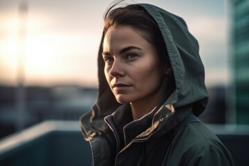 Wall Mural - Lifestyle portrait photography of a pleased woman in her 30s wearing a stylish hoodie against a rooftop or terrace background. Generative AI