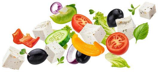 Wall Mural - Falling greek salad isolated on white background