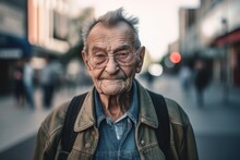 Medium Shot Portrait Photography Of A Pleased Man In His 80s Wearing A Denim Jacket Against A Crosswalk Or Busy Street Background. Generative AI