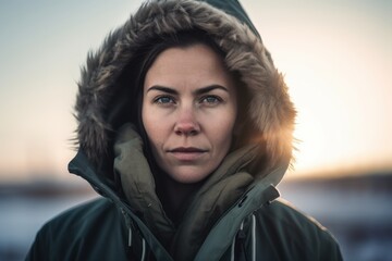 Portrait of a beautiful young woman in a winter jacket and hood