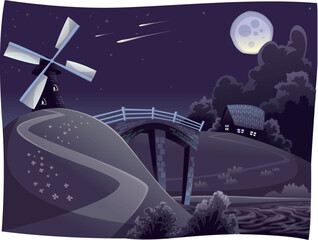 Sticker - Countryside with windmill in the night. Vector and cartoon landscape. Objects isolated.