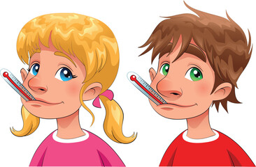 Poster - Boy and girl with thermometer. Cartoon and vector characters, isolated objects