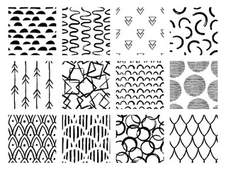 Set of Aesthetic Contemporary printable seamless pattern with abstract Minimal elegant line brush stroke shapes and line in black and white colors.