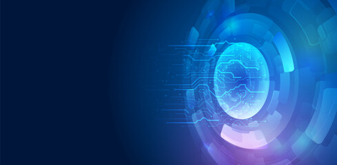 Hi-tech vector illustration with various technology elements. Abstract global sci fi concept. Digital internet communication on blue background. Wide Cyber security internet and networking concept.
