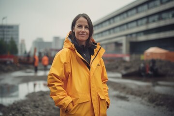 Poster - Portrait of a woman in a yellow raincoat at the construction site