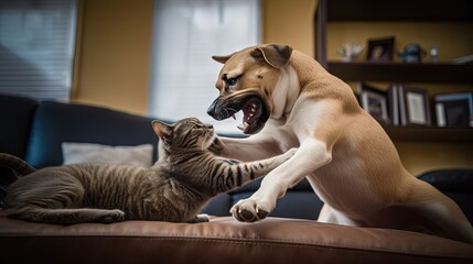 Canvas Print - cute cat play with dog in living room,  funny animal picture, Generative Ai