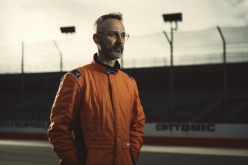 Poster - Full-length portrait photography of a satisfied man in his 40s wearing a comfortable tracksuit against a race track or speedway background. Generative AI