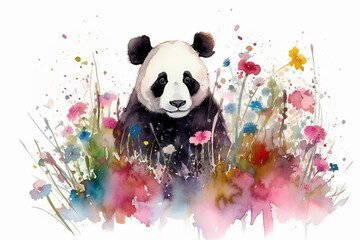 Watercolor painting of a cute panda in a colorful flower field. Ideal for art print, greeting card, springtime concepts etc. Made with generative AI.