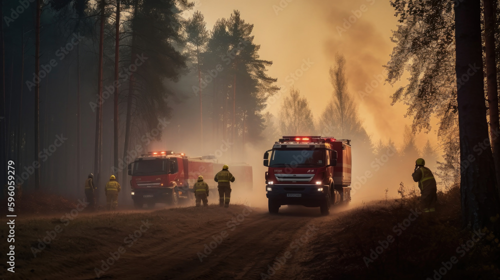 fire truck on a road in the forest, orange smoke, perfect banner ...