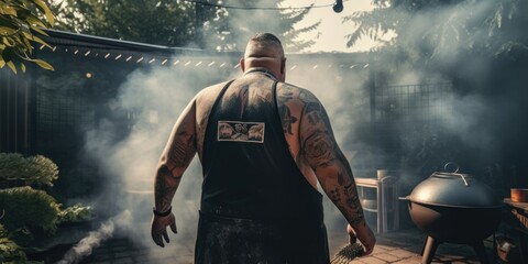 barbecue in the garden, tattooed funny fat man barbecues, bbq, grill