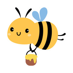 Wall Mural - Cute honey bee flying with bucket. Adorable bee mascot cartoon vector illustration