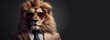 elegant lion in suit and sunglasses on dark background, generative ai