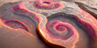 Sedate realistic marco detailed pink alcohol ink ripples pattern in agate design. Closeup turbulence oil design on marble with glossy golden wave highlight. Generative AI