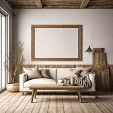 Realistic Mock Up Panorama Picture Frame In Rustic House, Generative Ai