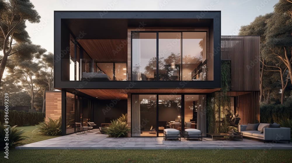 Modern two-storey house with a flat roof and large windows Stock ...
