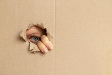 The Girl's Eye Looks Into A Cardboard Hole, Look Through The Hole